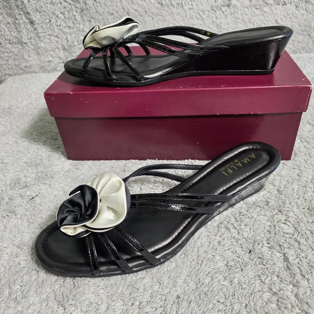 VTG Amalfi Rangoni Black Italian Leather‎ Floral Wedge Sandals Women's 10M NEW